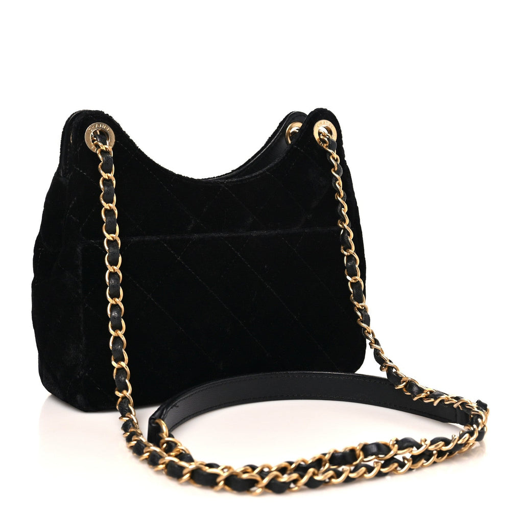 Velvet Quilted Small Wavy CC Hobo Black