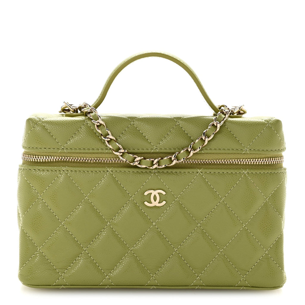 Caviar Quilted Top Handle Slim Vanity With Chain Khaki