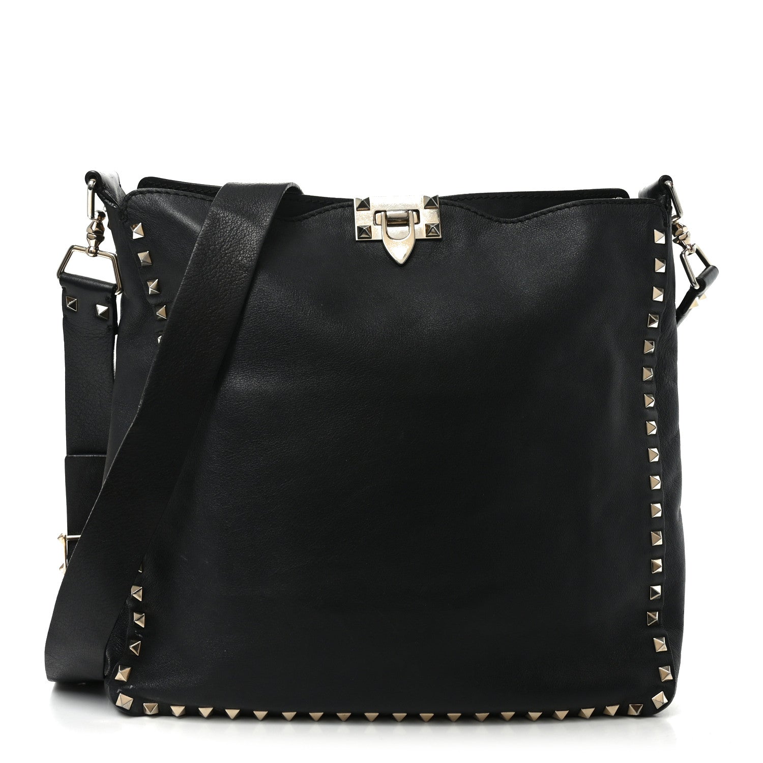 Vitello Calfskin Small Rockstud Flip-Lock Messenger Bag Black