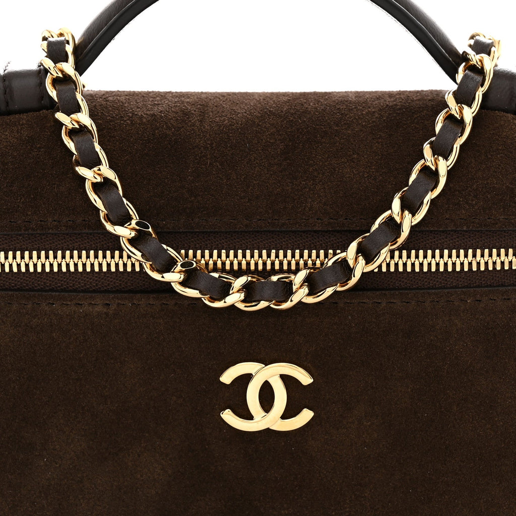Suede Calfskin Top Handle Trapeze Small Vanity Case With Chain Dark Brown