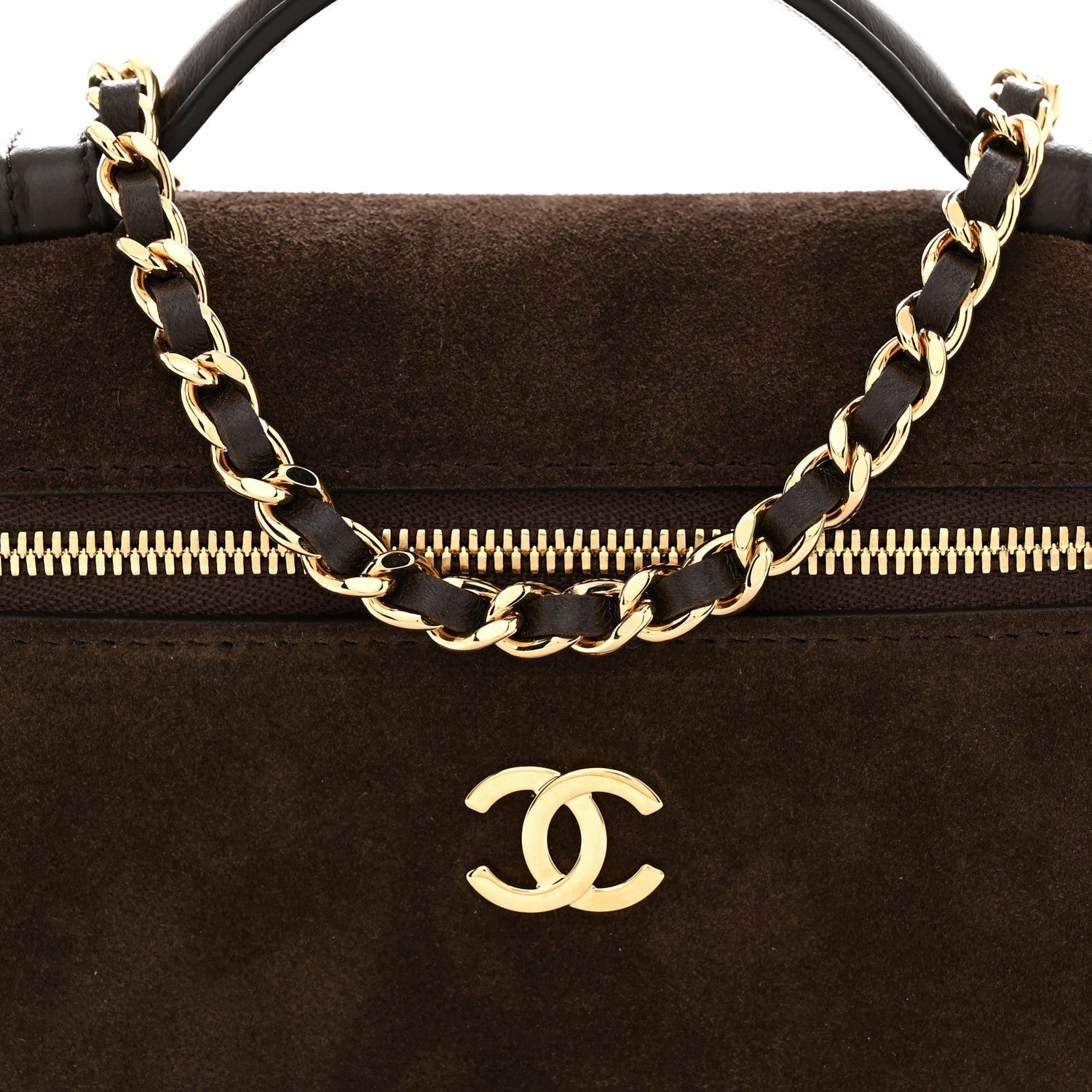 Suede Calfskin Top Handle Trapeze Small Vanity Case With Chain Dark Brown
