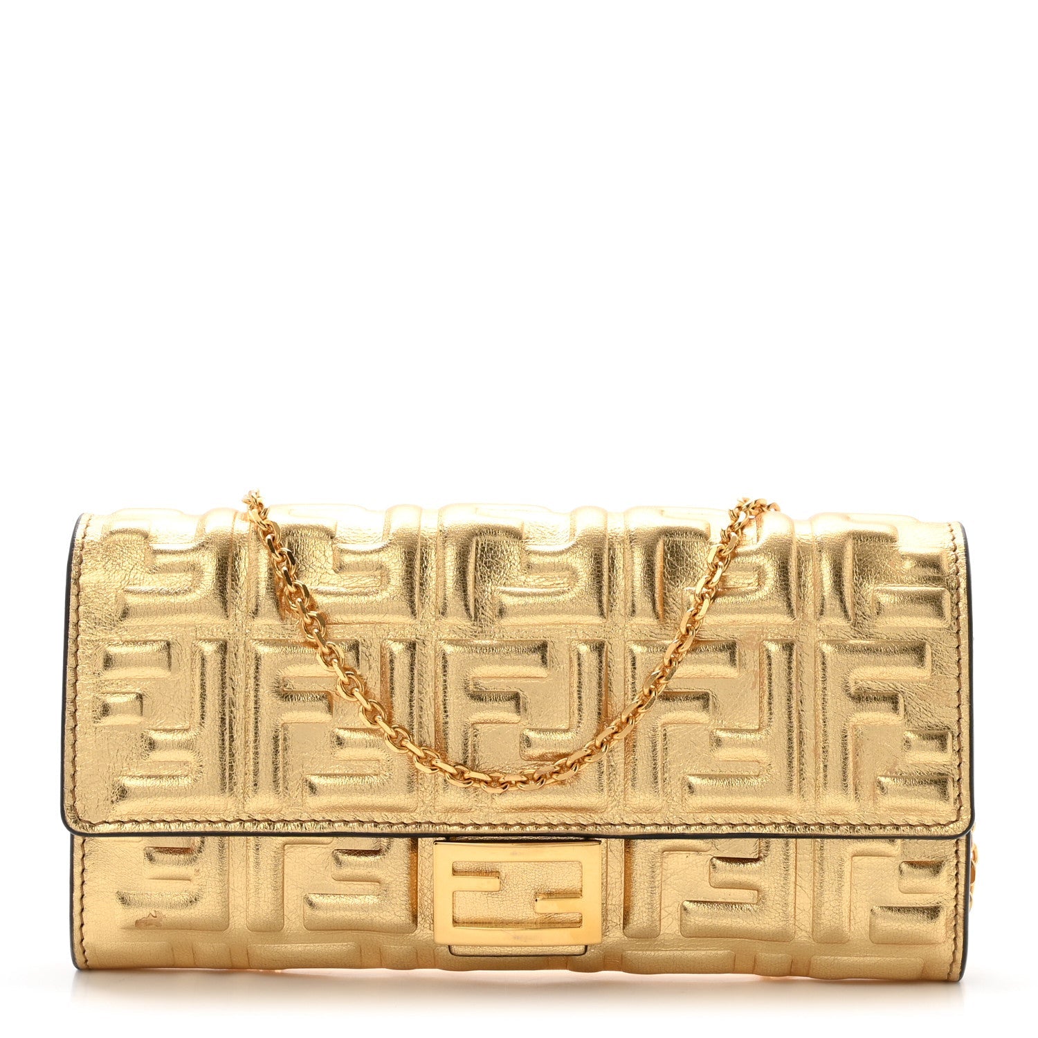 Vitello Catalan Mirror FF 1974 Embossed Continental Wallet on Chain Gold
