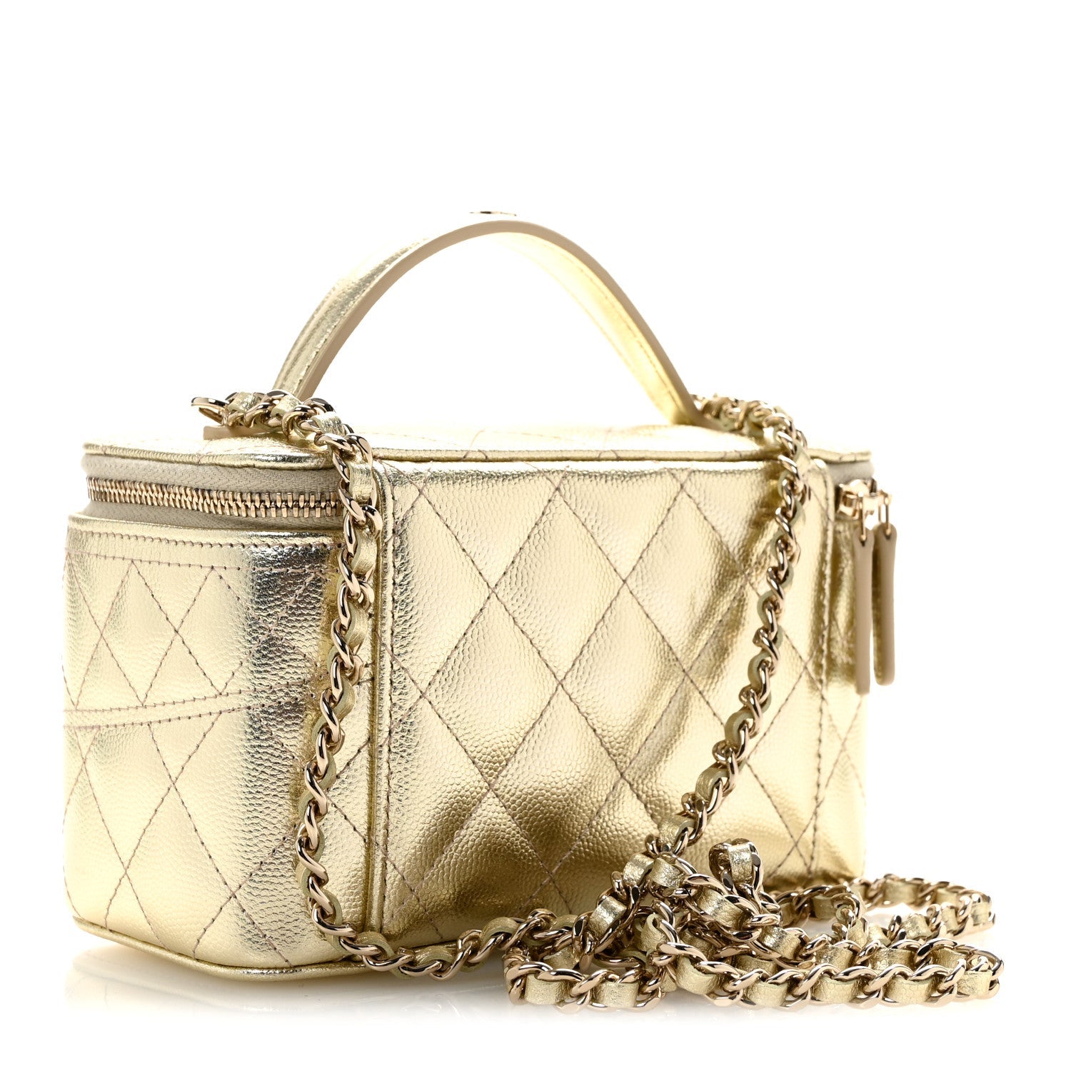 Metallic Caviar Quilted Trendy Handle Slim Vanity Gold