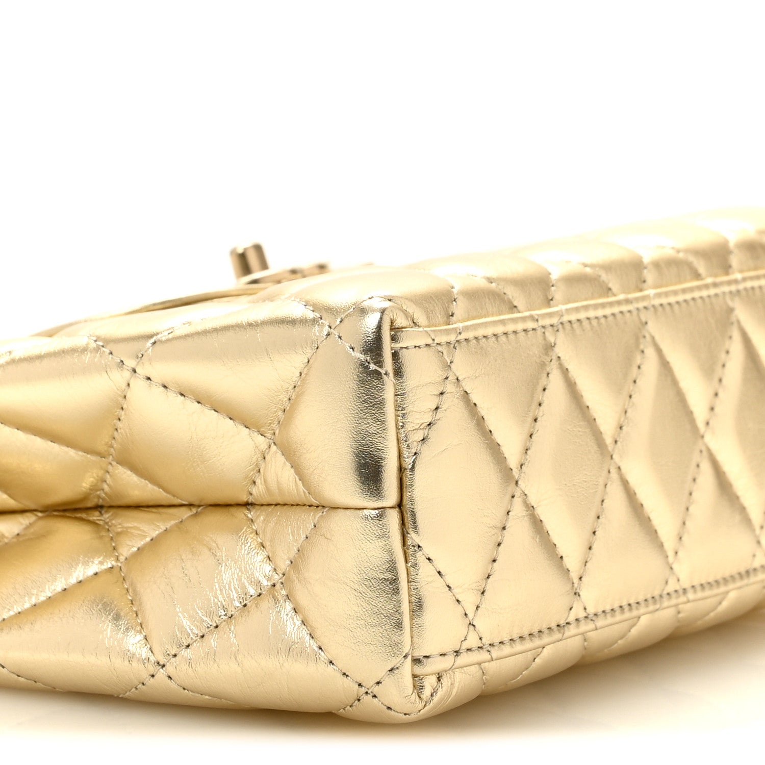 Metallic Shiny Aged Calfskin Quilted Nano Kelly Shopper Gold