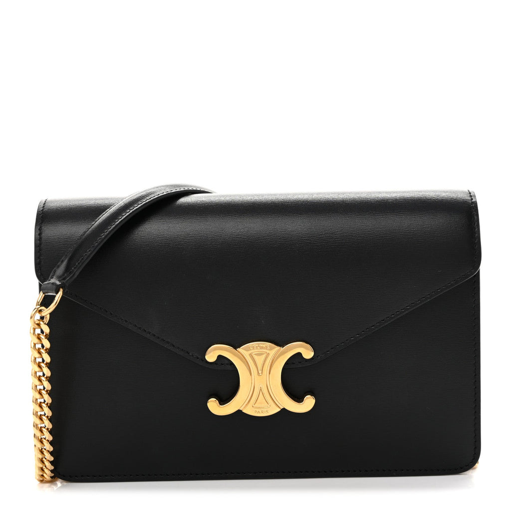 Shiny Calfskin Triomphe Margo Wallet on Chain Black