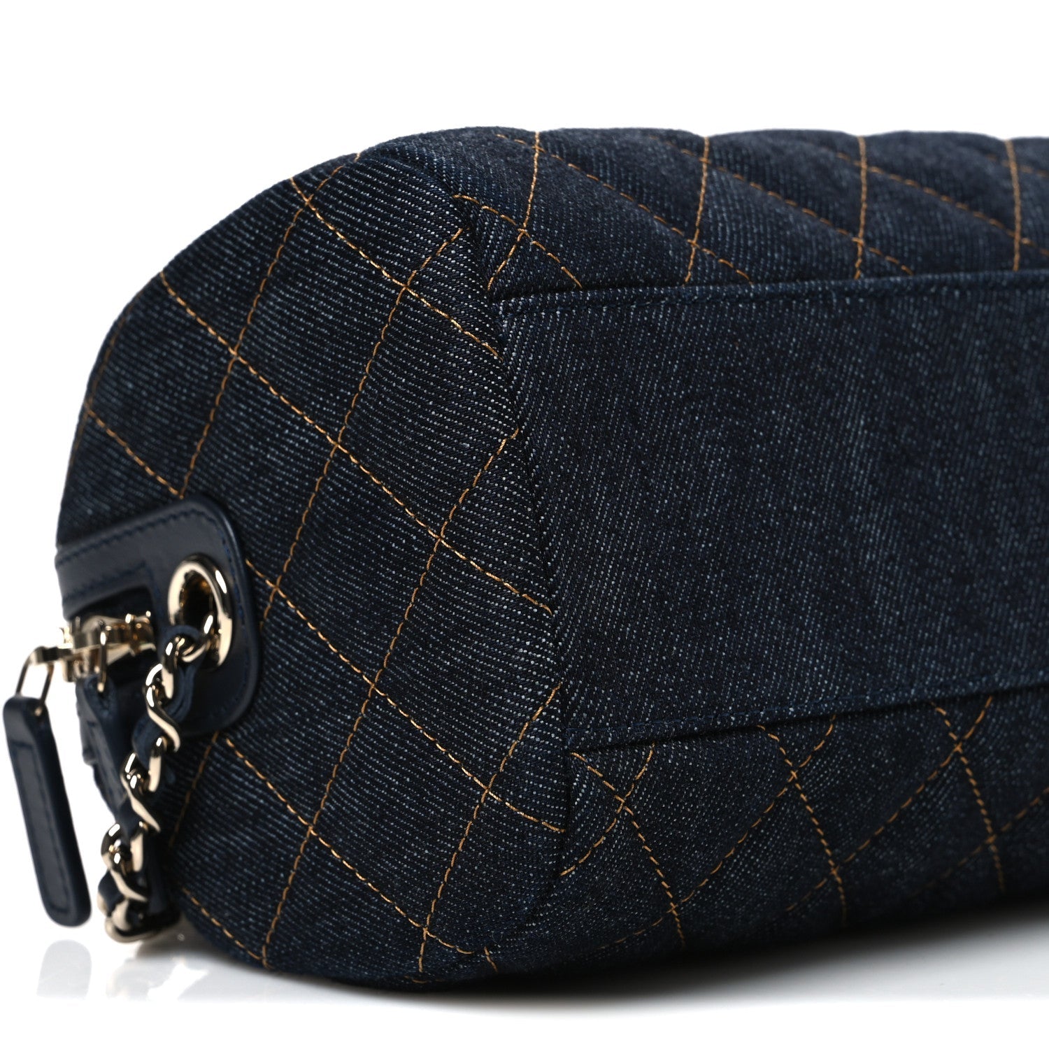 Denim Quilted Barrel Clutch With Chain Dark Blue Orange