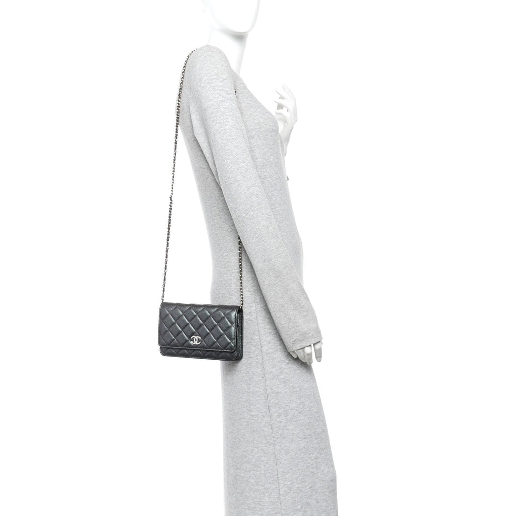 Iridescent Caviar Quilted Wallet on Chain WOC Dark Blue