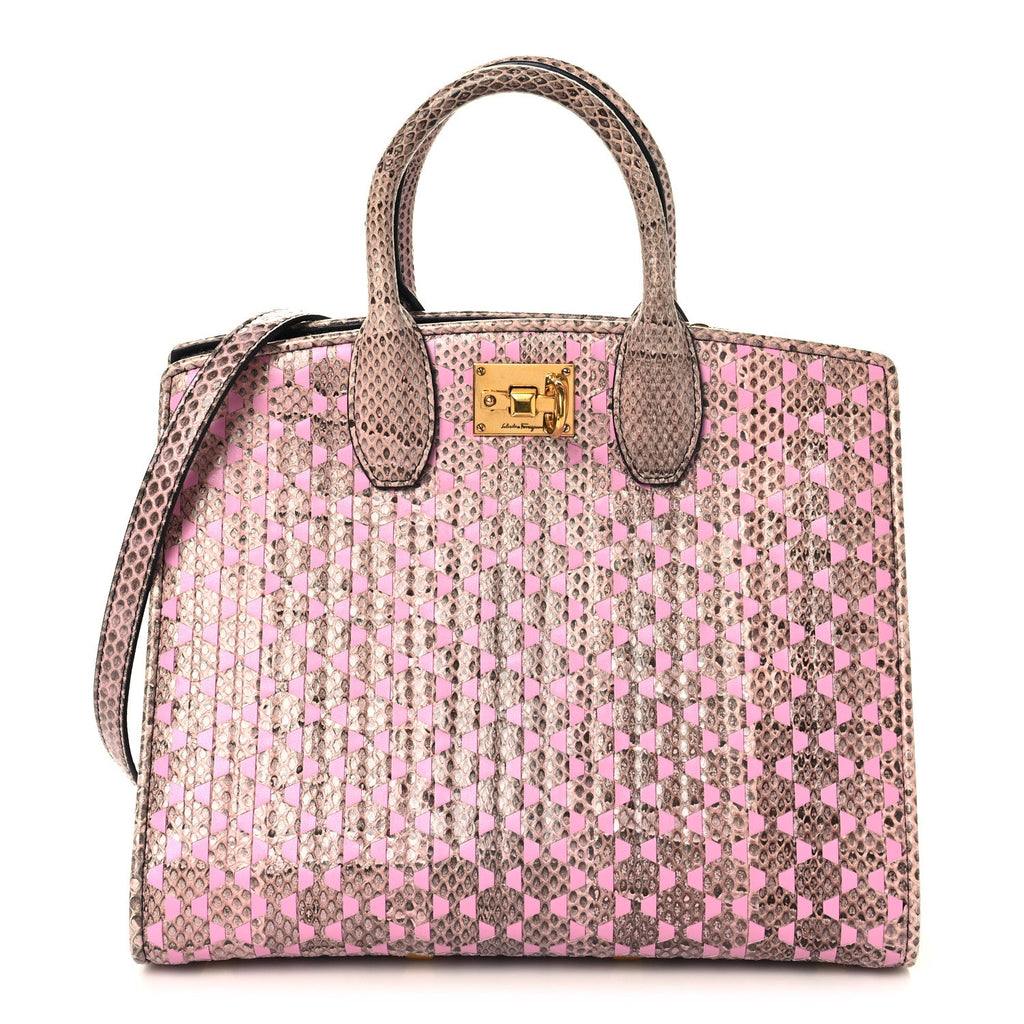 Calfskin Snakeskin Woven The Studio Box Tote Pink Brown