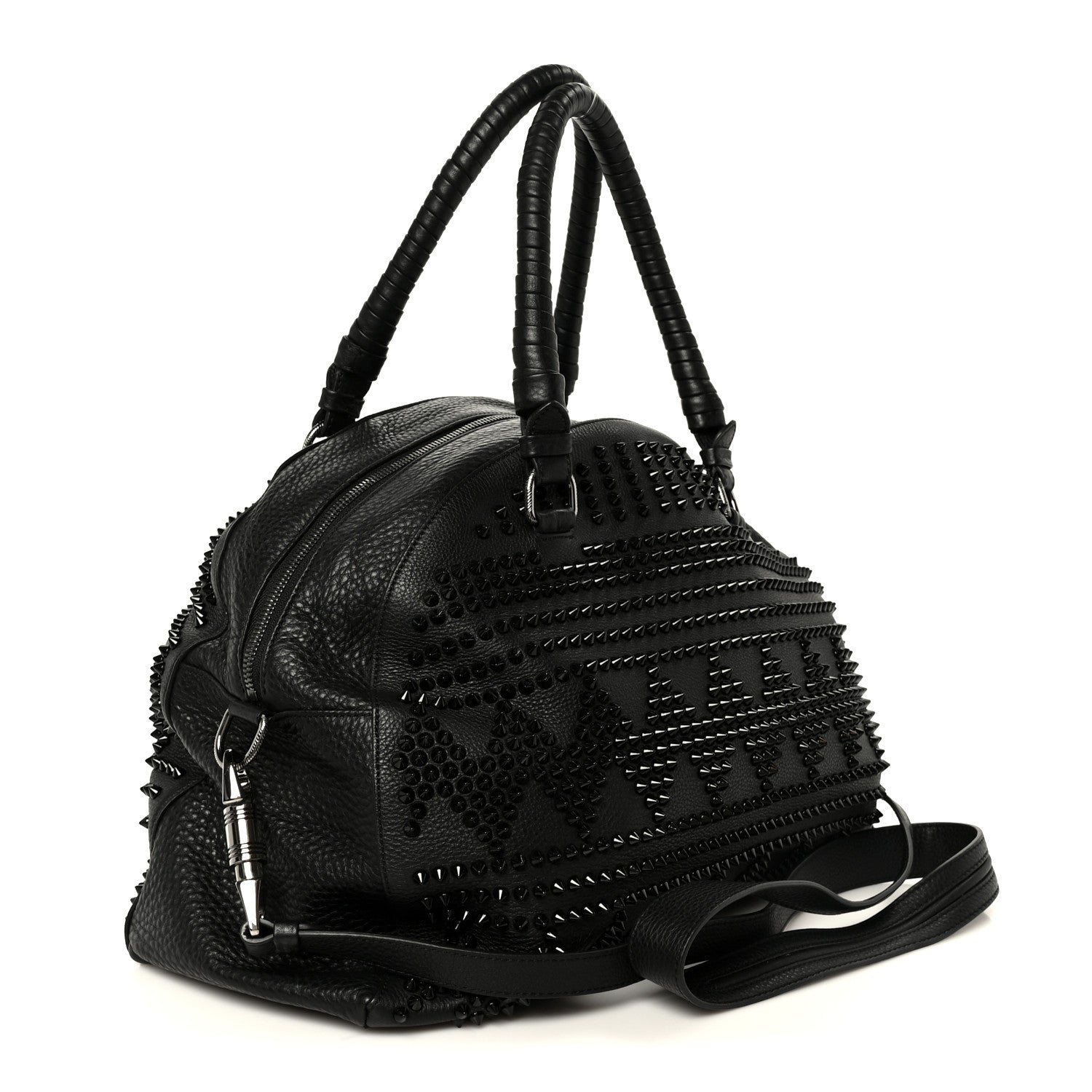 Grained Calfskin Mix Chevron Spikes Large Panettone Bowling Bag Black