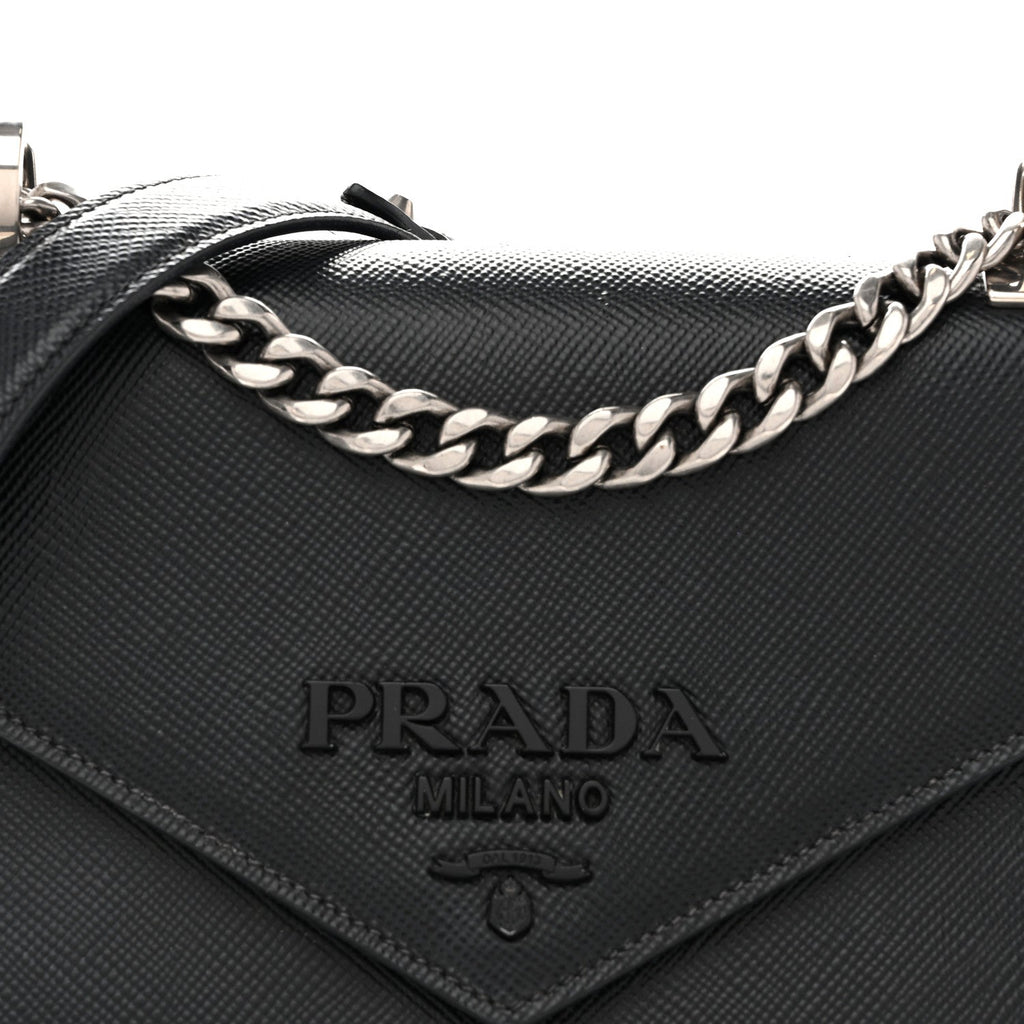 Saffiano Cuir Calfskin Monochrome Envelope Flap Chain Shoulder Bag Black