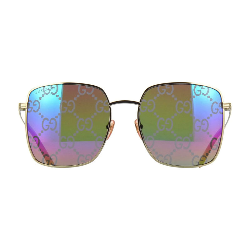 Gucci Sunglasses Square Full Rim, Gold Frame and Multicolor with GG Pattern Mirror Lens GG0802S004