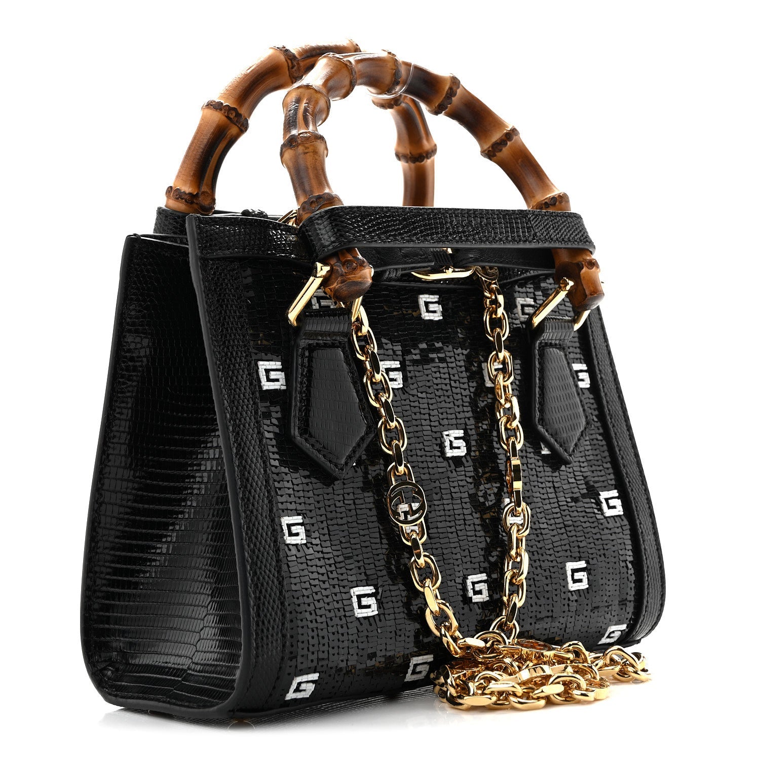 Lizard Sequin GG Monogram Mini Diana Tote Bag Black