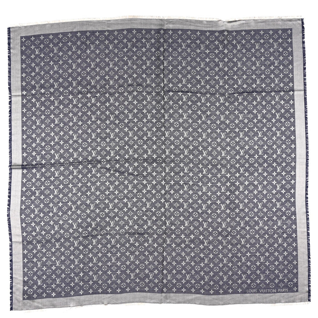 Silk Wool Monogram Denim Shawl Blue