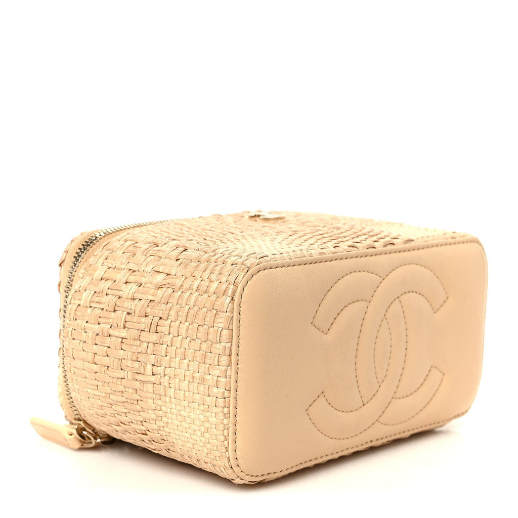 Braided Raffia Quilted Top Handle Slim Vanity Case With Chain Beige