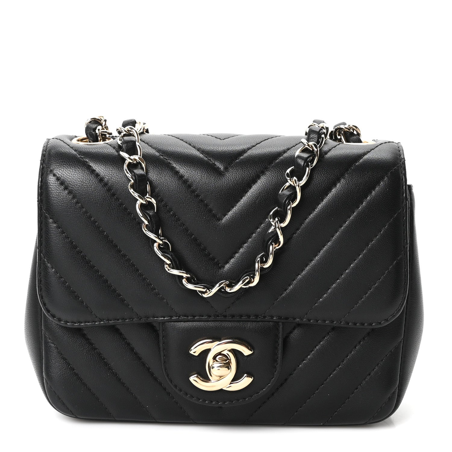 Lambskin Chevron Quilted Mini Square Flap Black