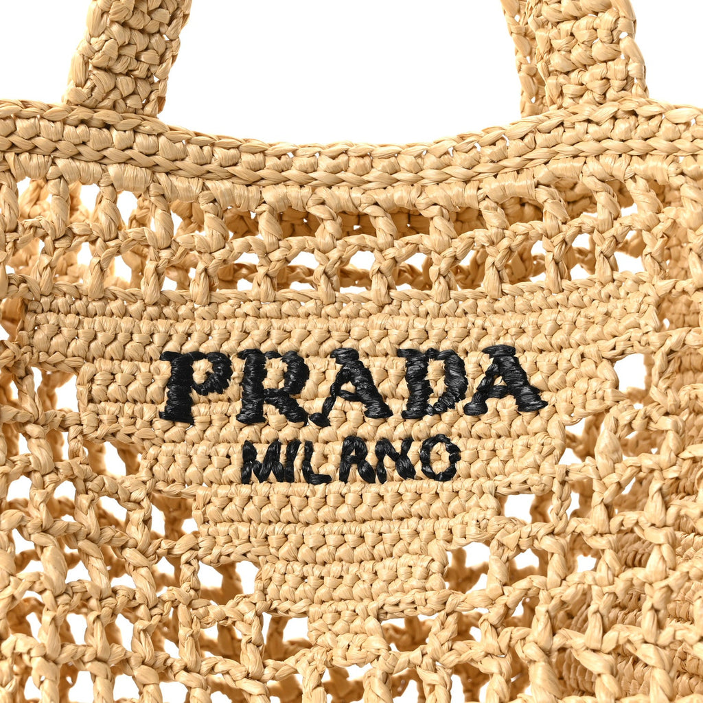 Yarn Raffia Effect Crochet Logo Embroidered Small Tote Bag Naturale