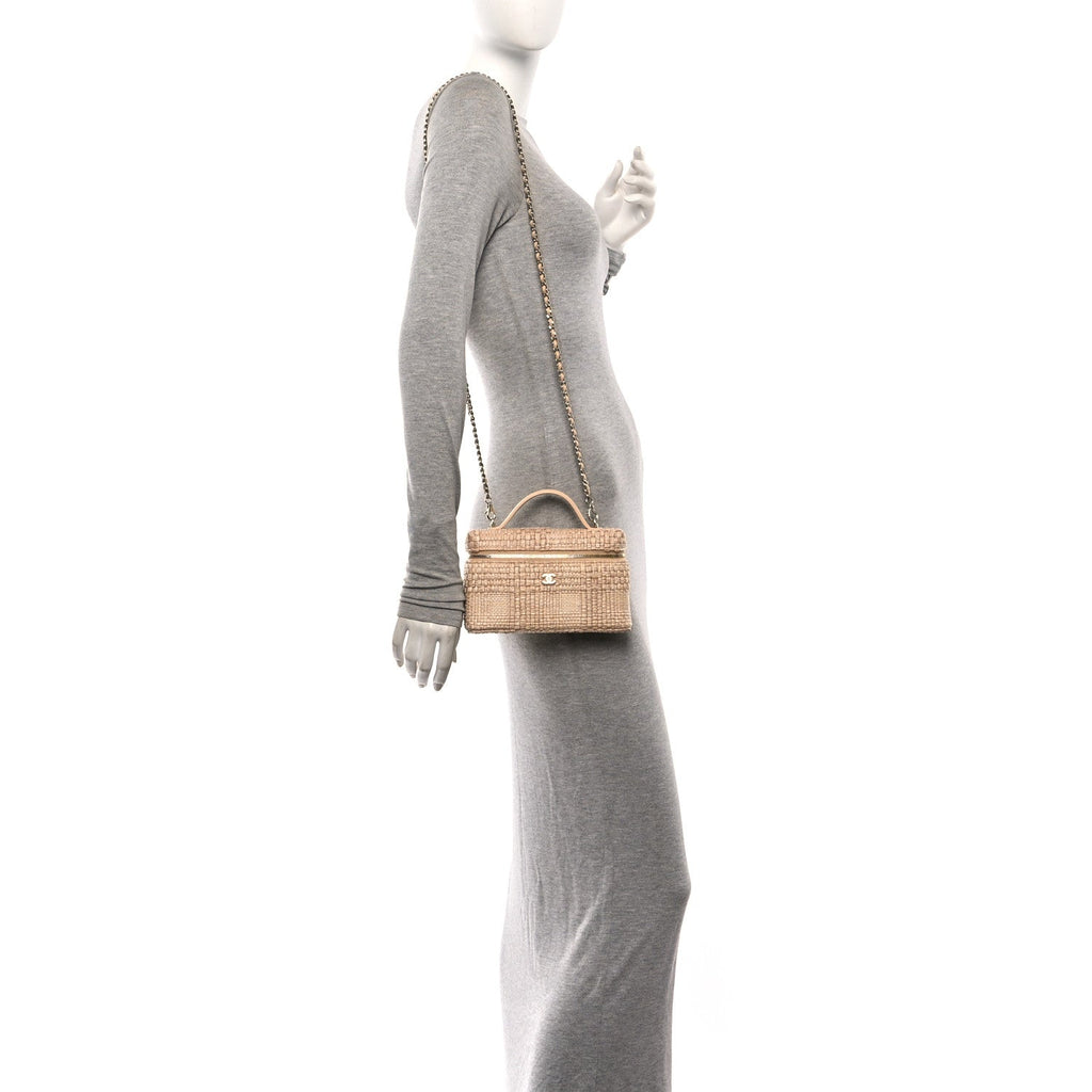 Braided Raffia Quilted Top Handle Slim Vanity Case With Chain Beige