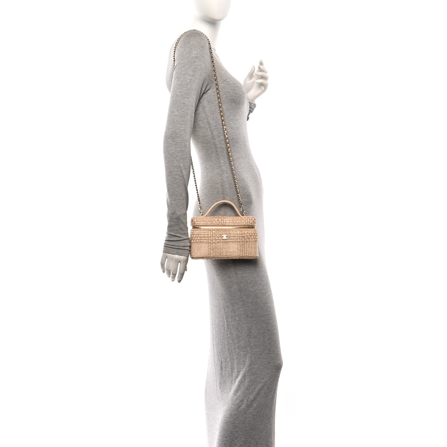 Braided Raffia Quilted Top Handle Slim Vanity Case With Chain Beige