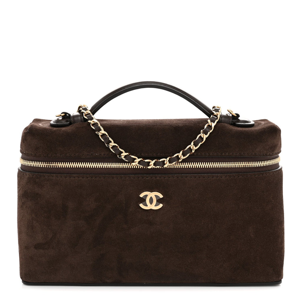 Suede Calfskin Large Top Handle Slim Vanity With Chain Dark Brown