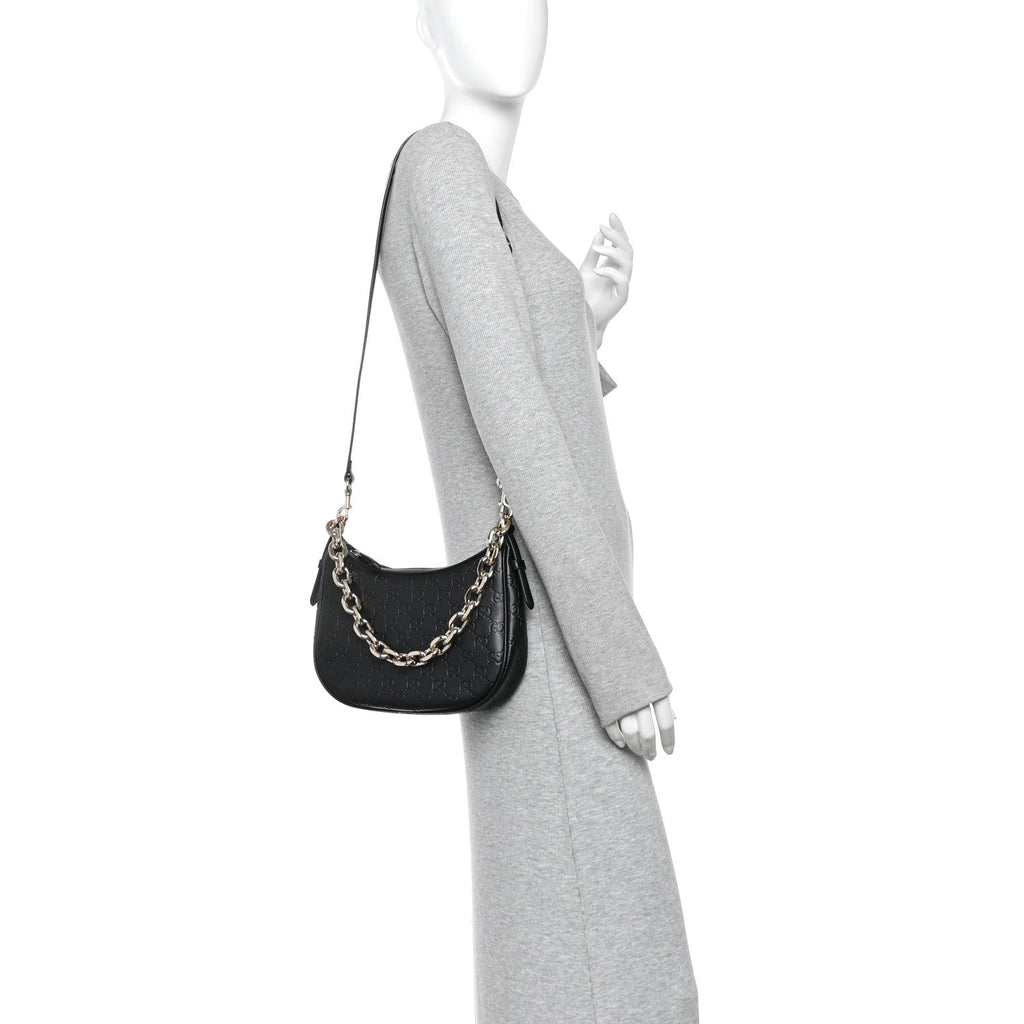 GG Calfskin Embossed Emblem Medium Half Moon Shoulder Bag Black
