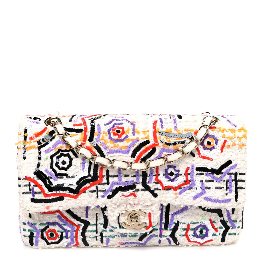 Tweed Braid Sequin Medium Double Flap White Purple Multicolor