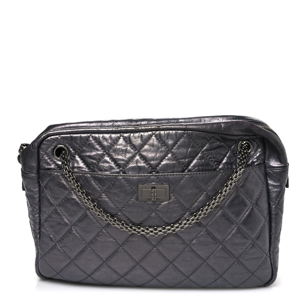 Metallic Aged Calfskin Quilted Large Reissue Camera Case Silver