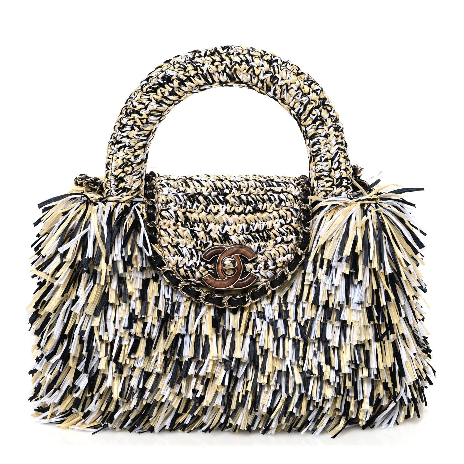 Raffia Fringe Nano Kelly Shopper Yellow Black White