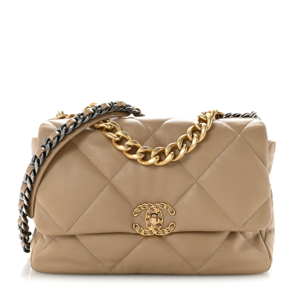 Lambskin Quilted Large Chanel 19 Flap Dark Beige