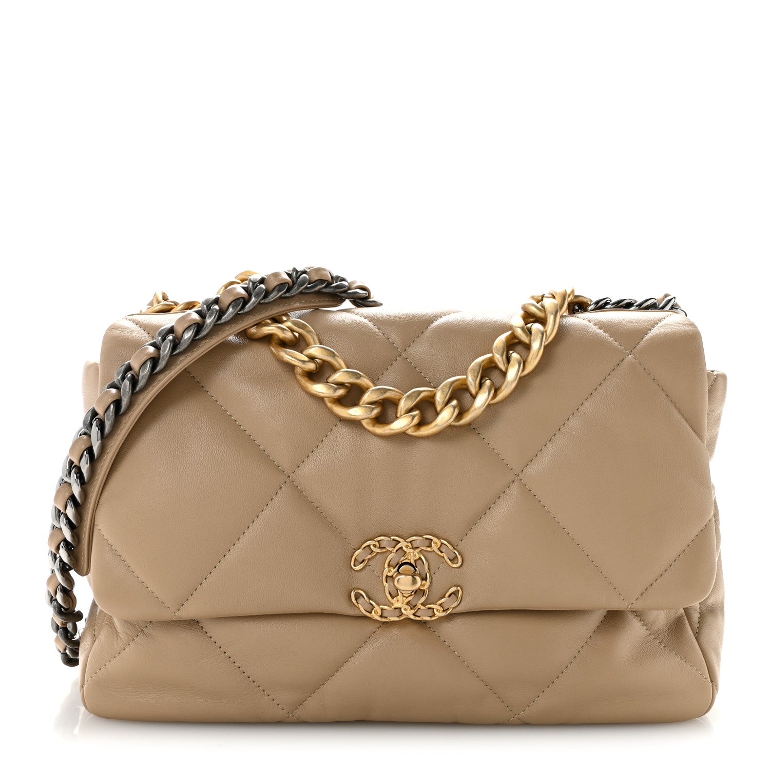 Lambskin Quilted Large Chanel 19 Flap Dark Beige