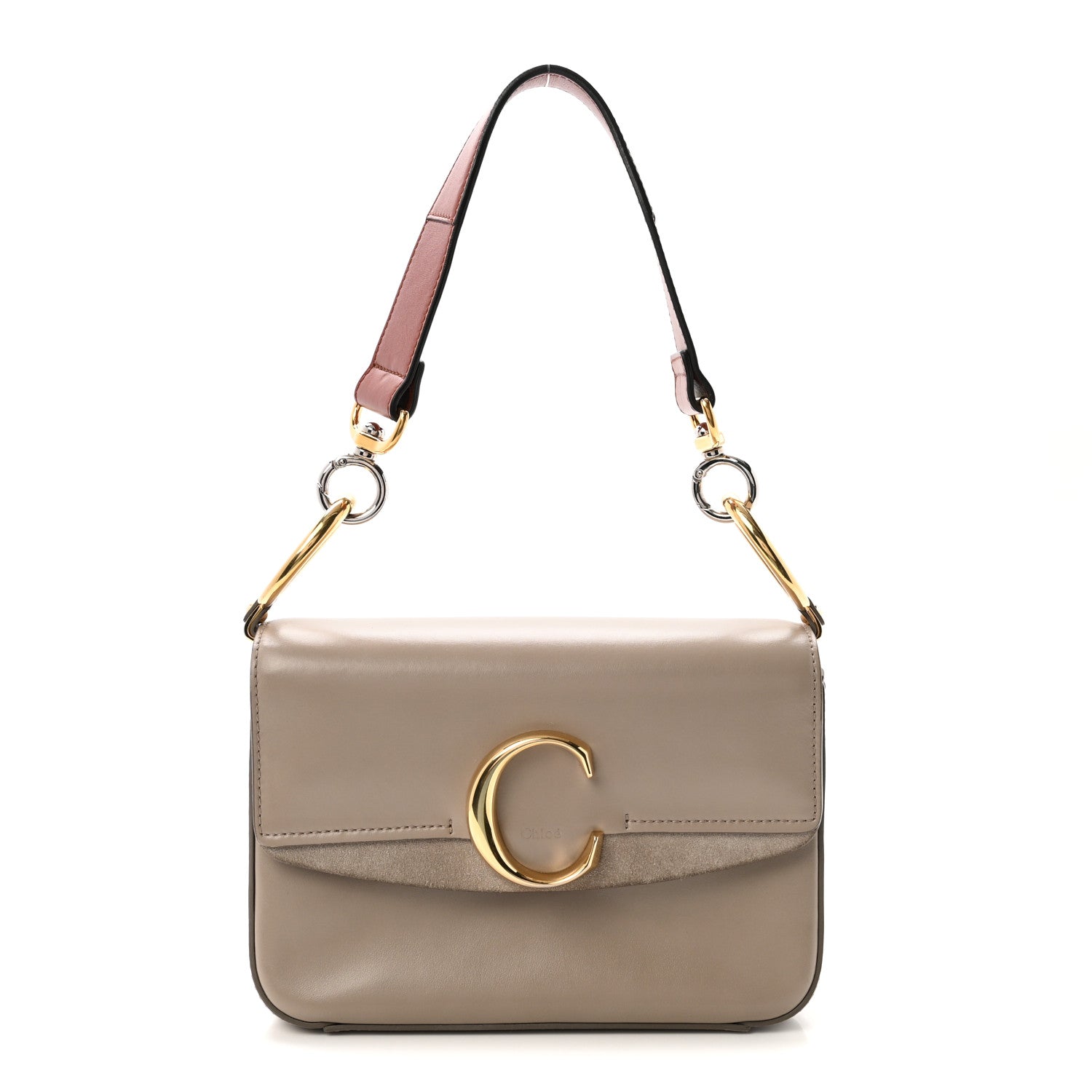 Shiny Calfskin Suede Small C Double Carry Bag Motty Grey