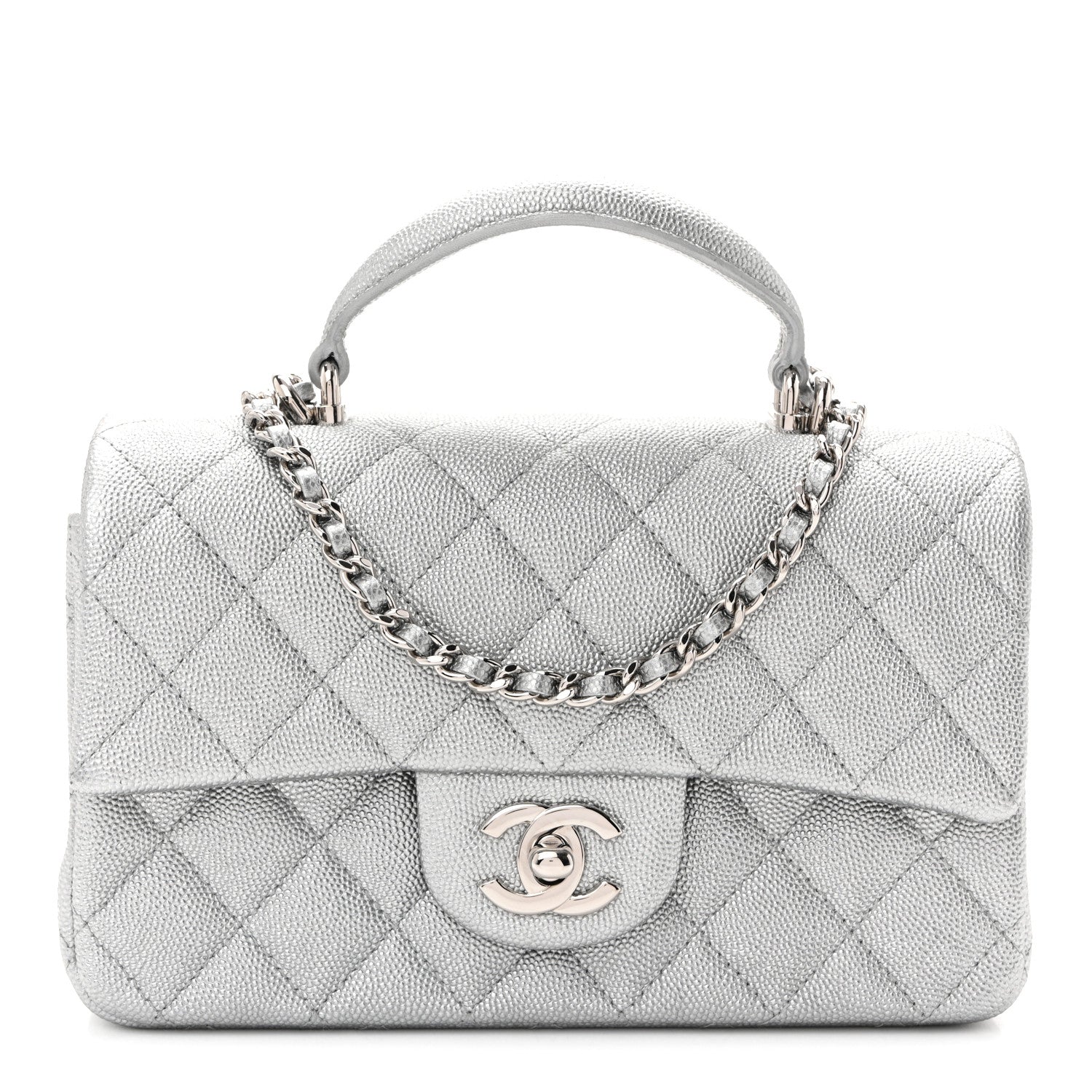 Metallic Caviar Quilted Mini Top Handle Rectangular Flap Silver