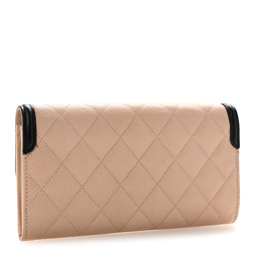 Caviar Quilted Filigree Large Gusset Flap Wallet Beige Black