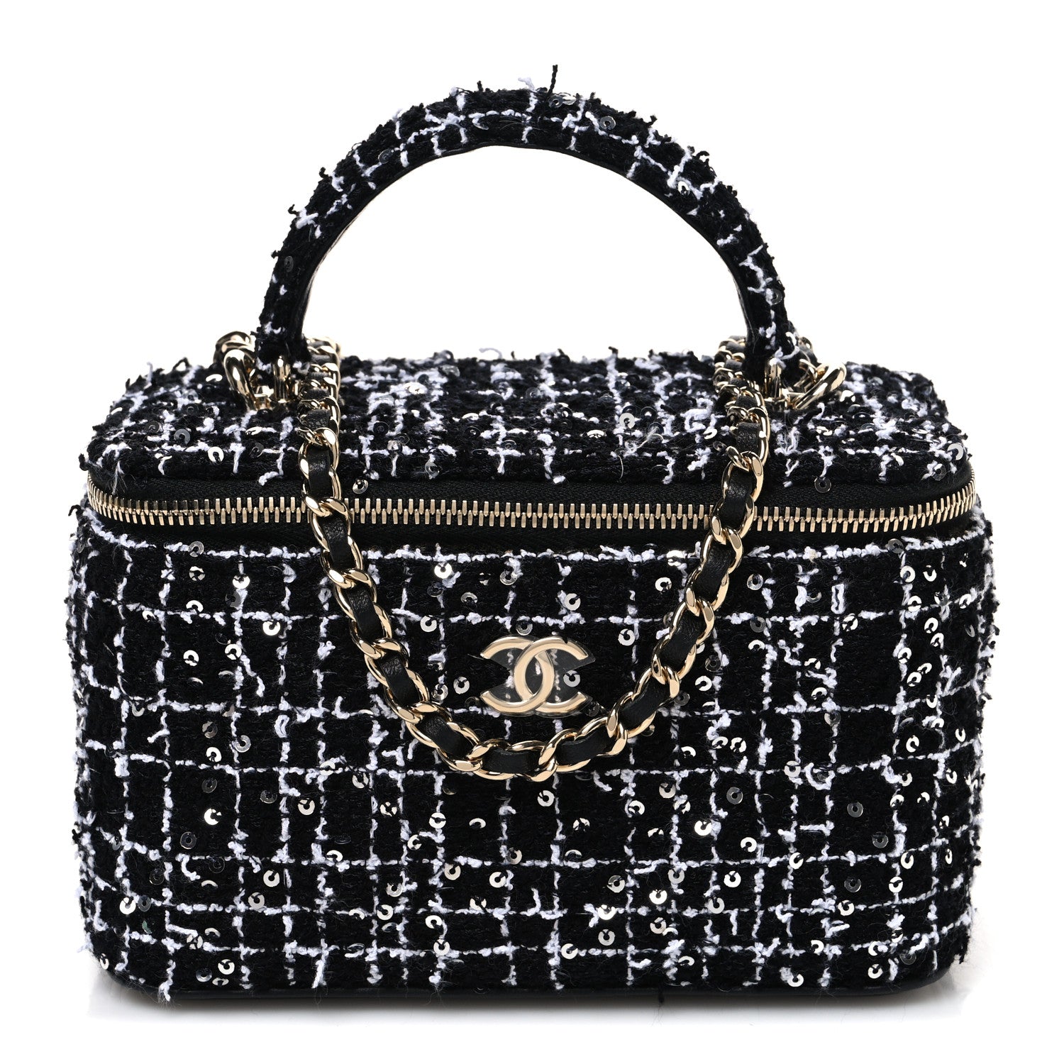 Tweed Sequin Small Top Handle Vanity Case With Chain Black White
