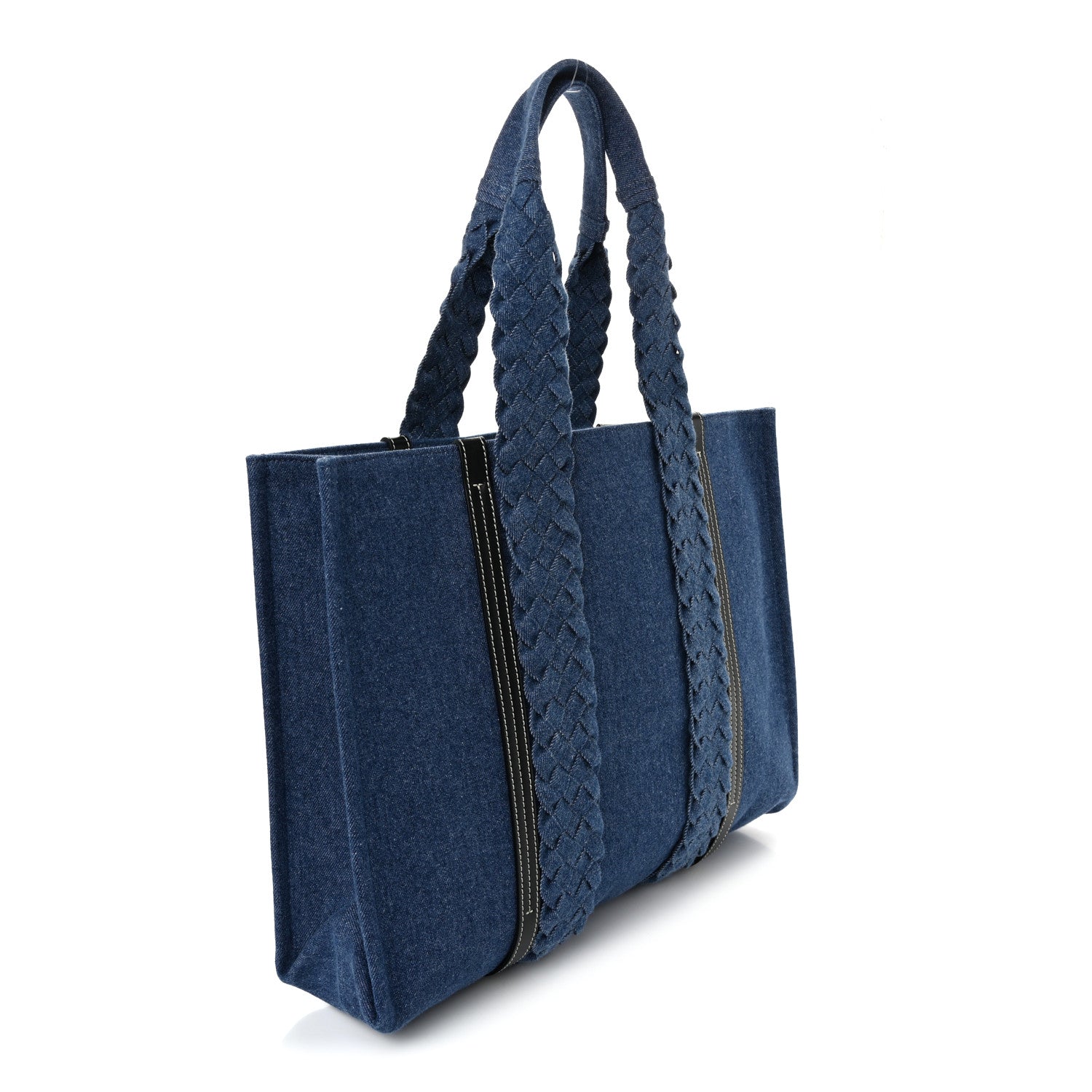 Denim Calfskin Large Braided Woody Ribbon Tote Blue