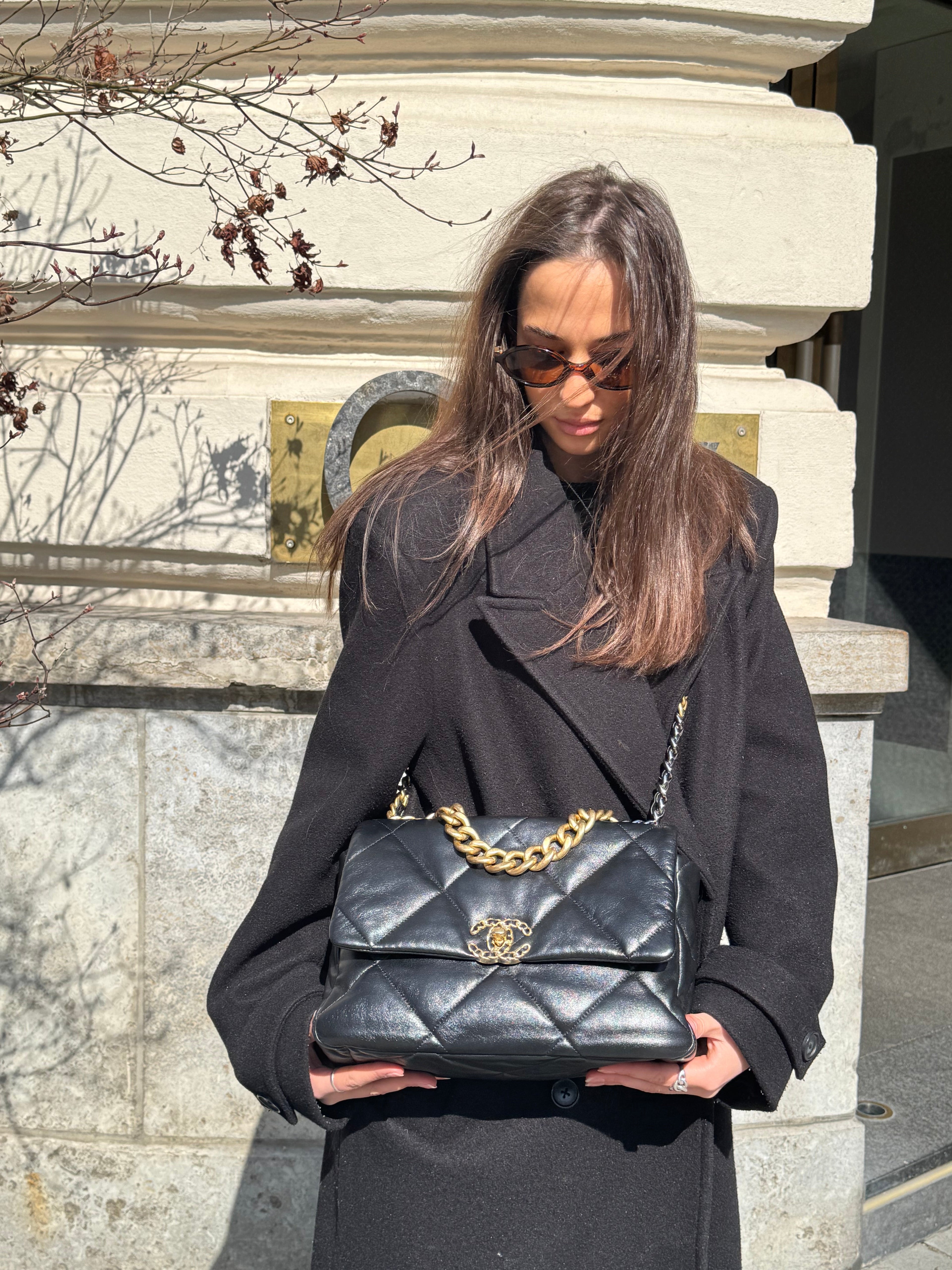 Chanel 19 Black Shiny Lambskin Leather Bag