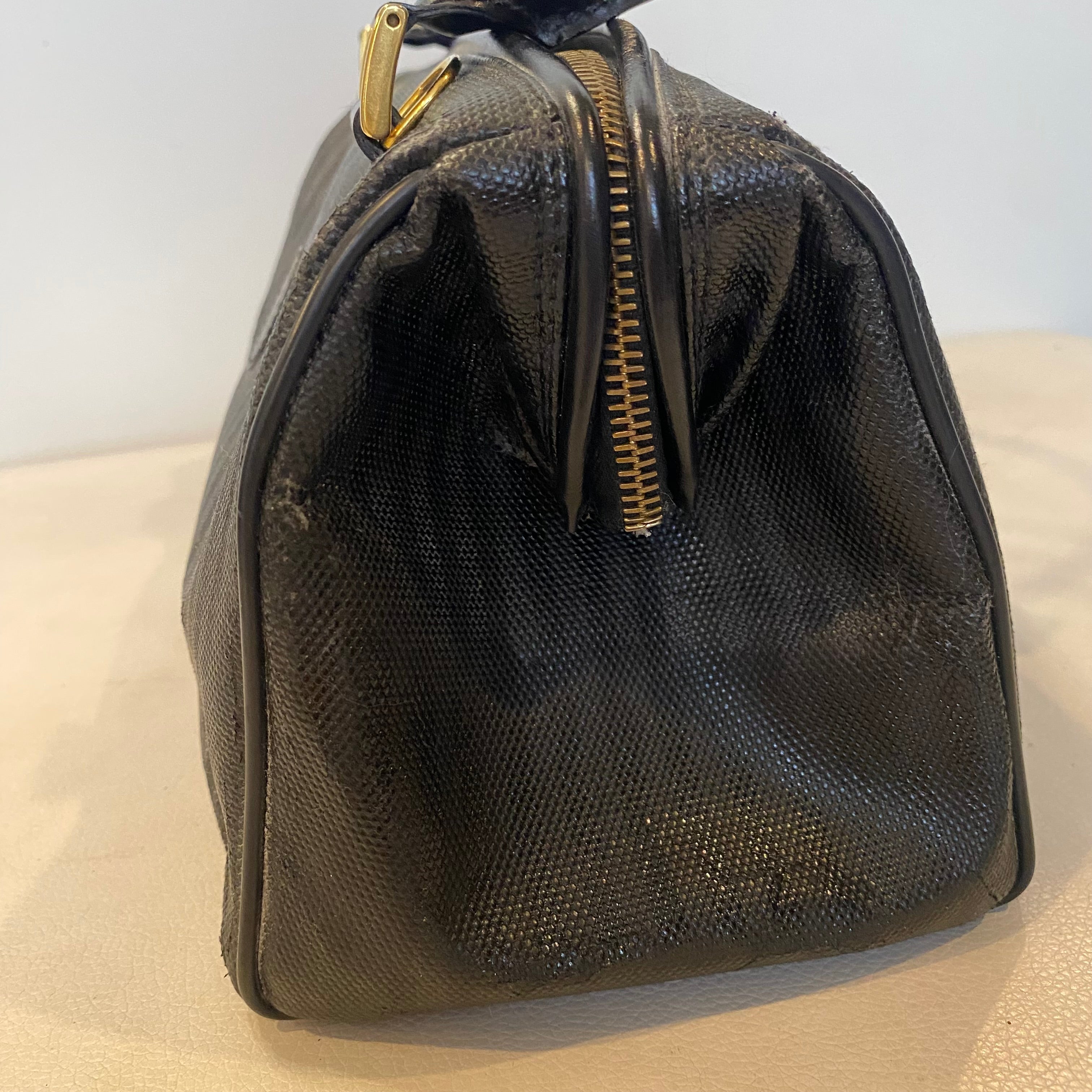 FENDI Vintage Black Striped Canvas Small Boston Handbag