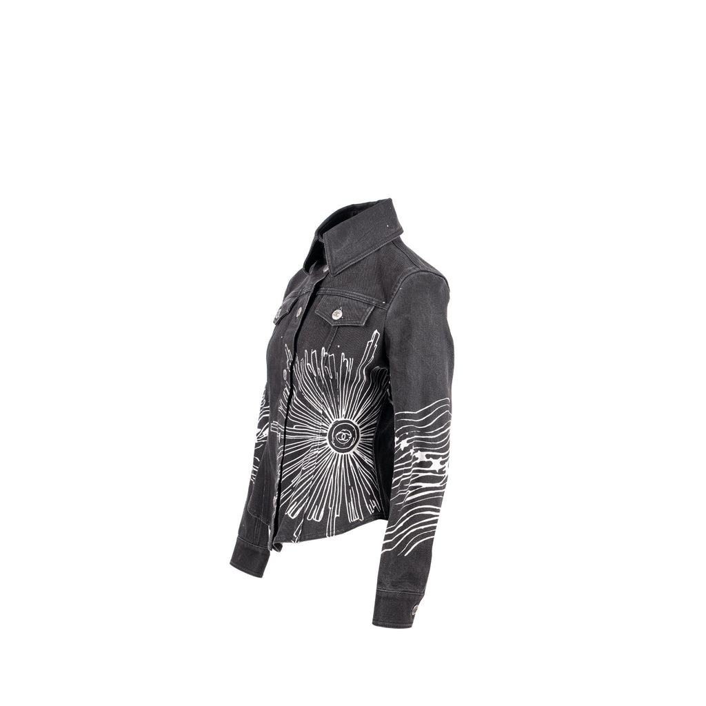 Chanel 22C Size 34 Graphic Print Denim Jacket Cotton Black/ White