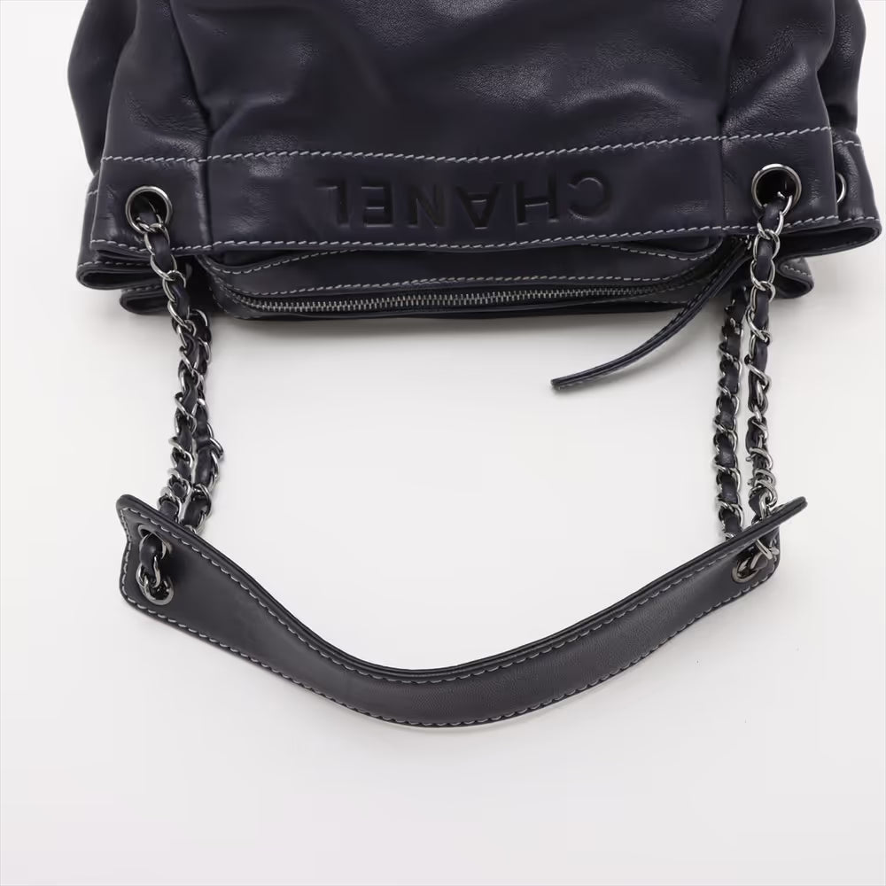 Chanel Logo Lambskin Chain Shoulder Bag Navy Blue
