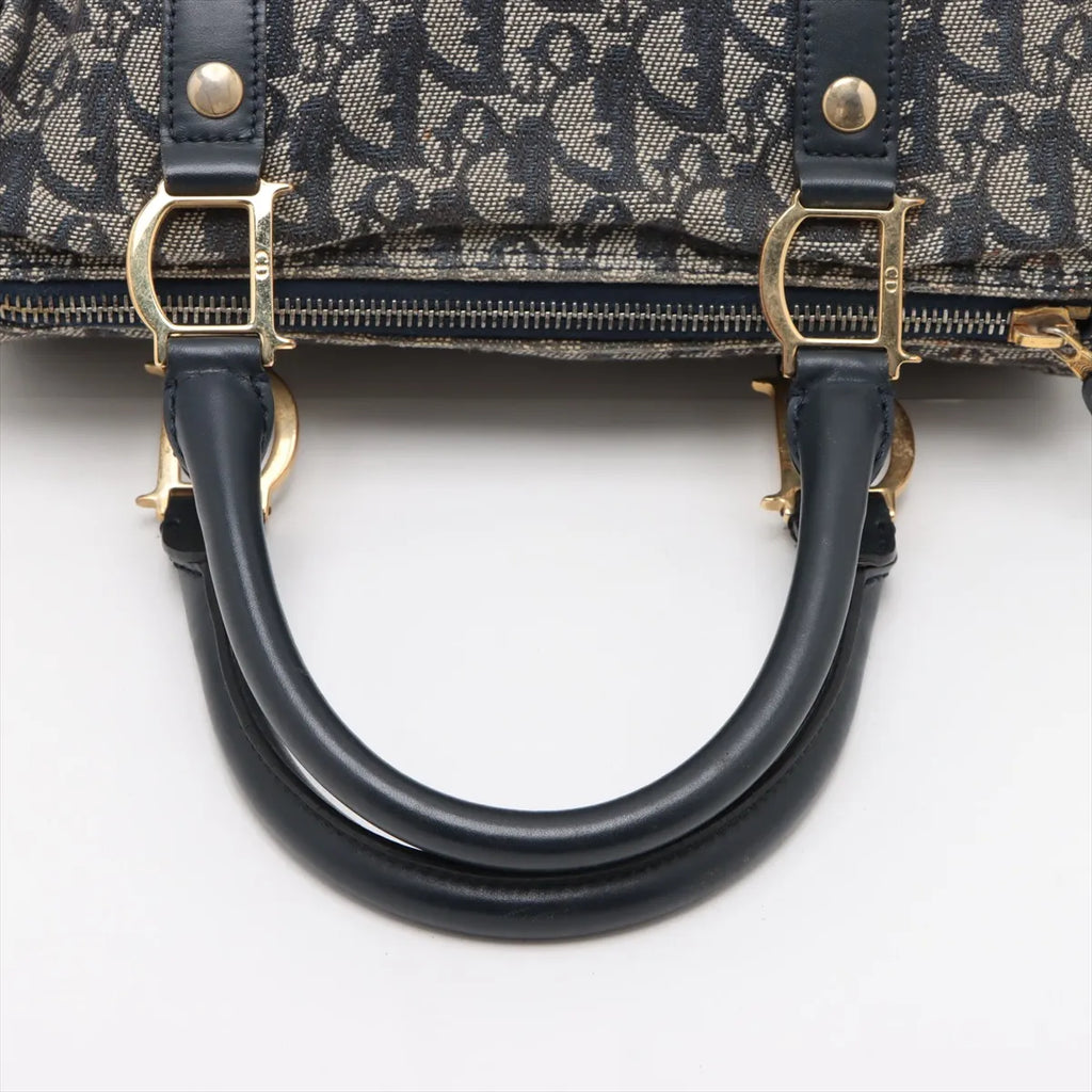Christian Dior Trotter Canvas Leather Handbag Gray x Navy