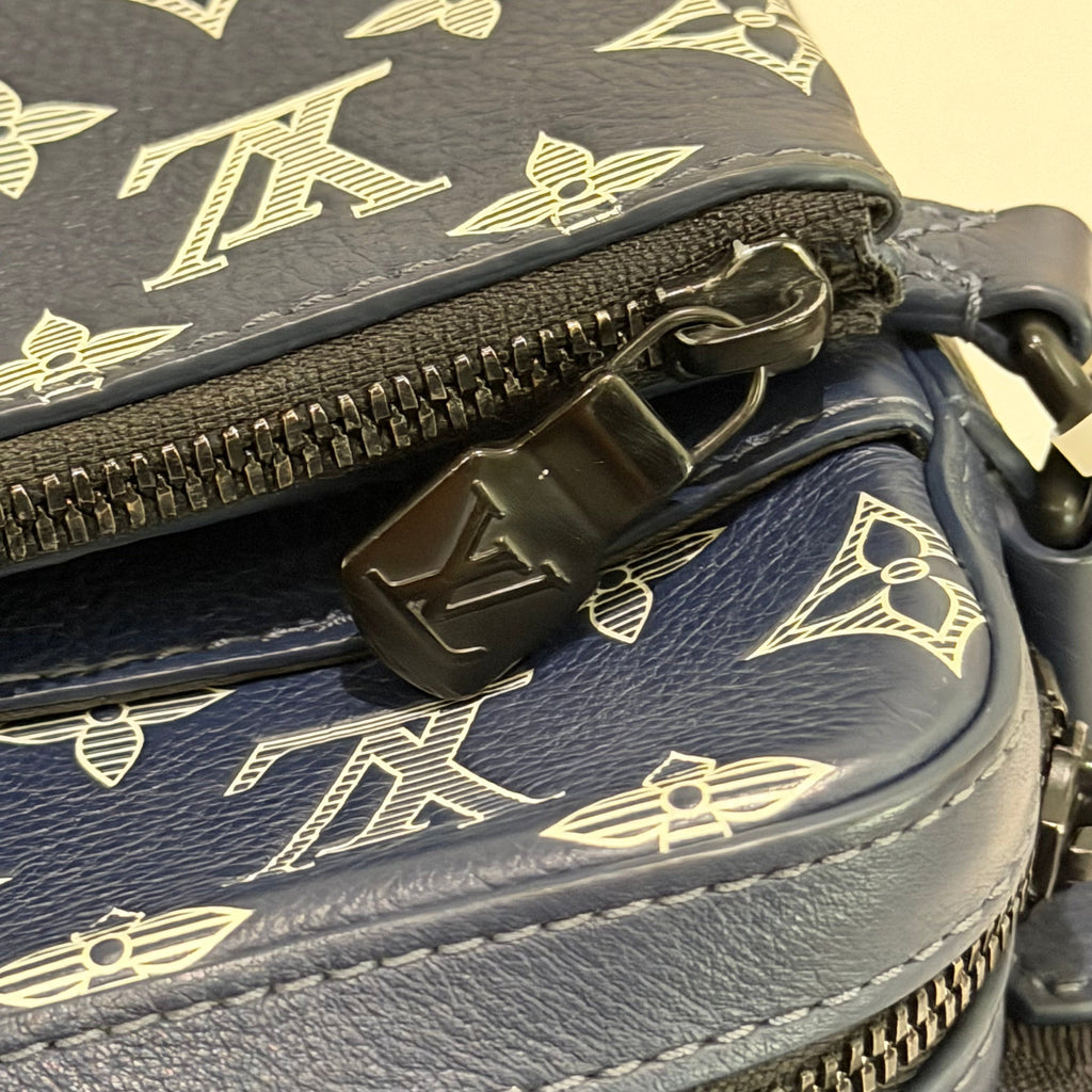 Louis Vuitton Trio Navy Blue & White Embossed Messenger Bag (Missing Coin Pouch)