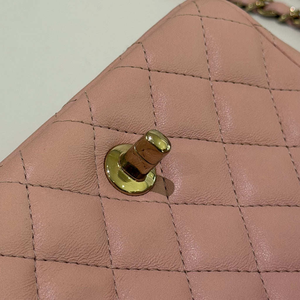 CHANEL CLASSIC FLAP MINI RECTANGULAR PINK LAMBSKIN WITH GOLD HARDWARE (CHIP MODEL)