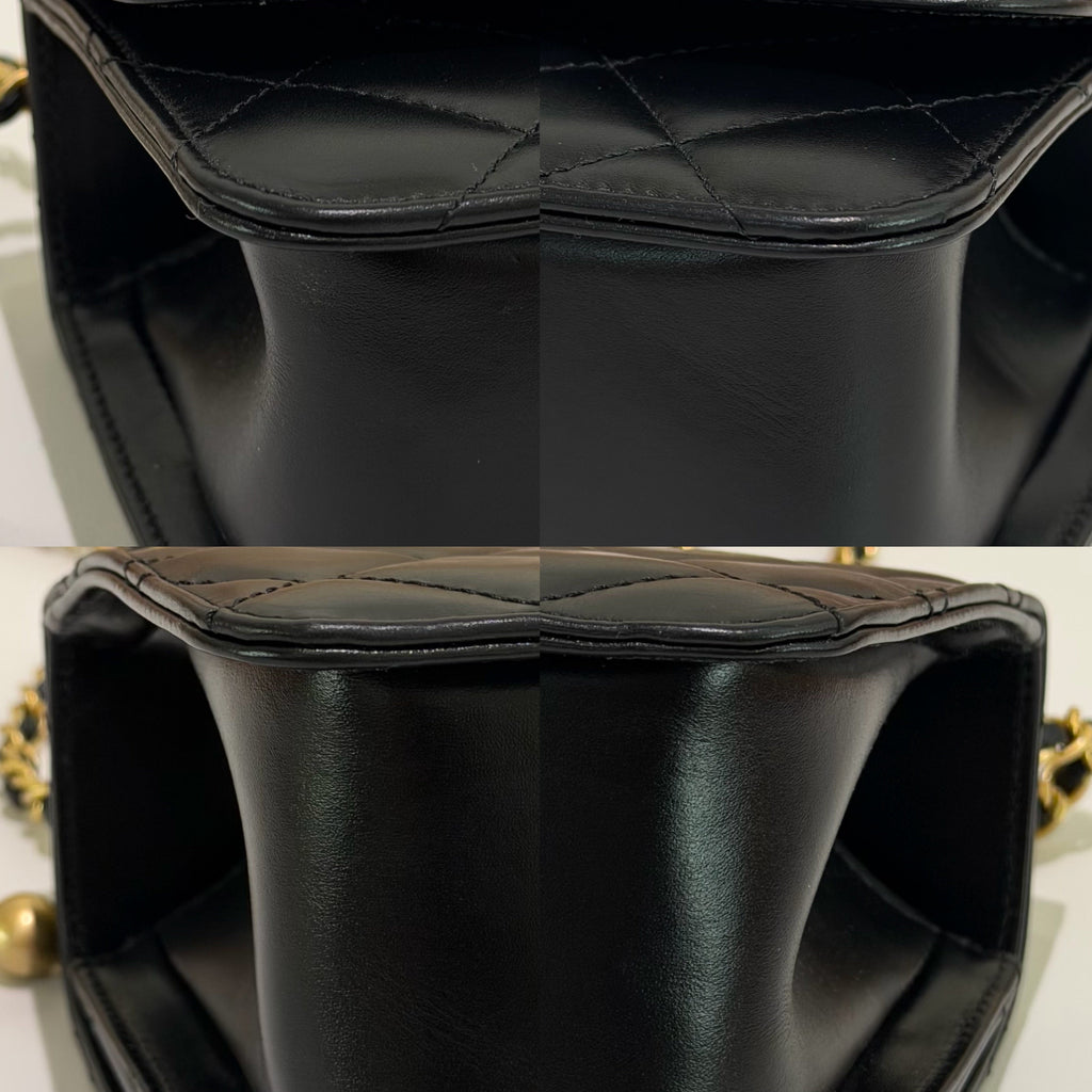 Chanel Black Glossy Calfskin Double Pearl Chain Flap Bag with Gold Hardware(Chip Model)