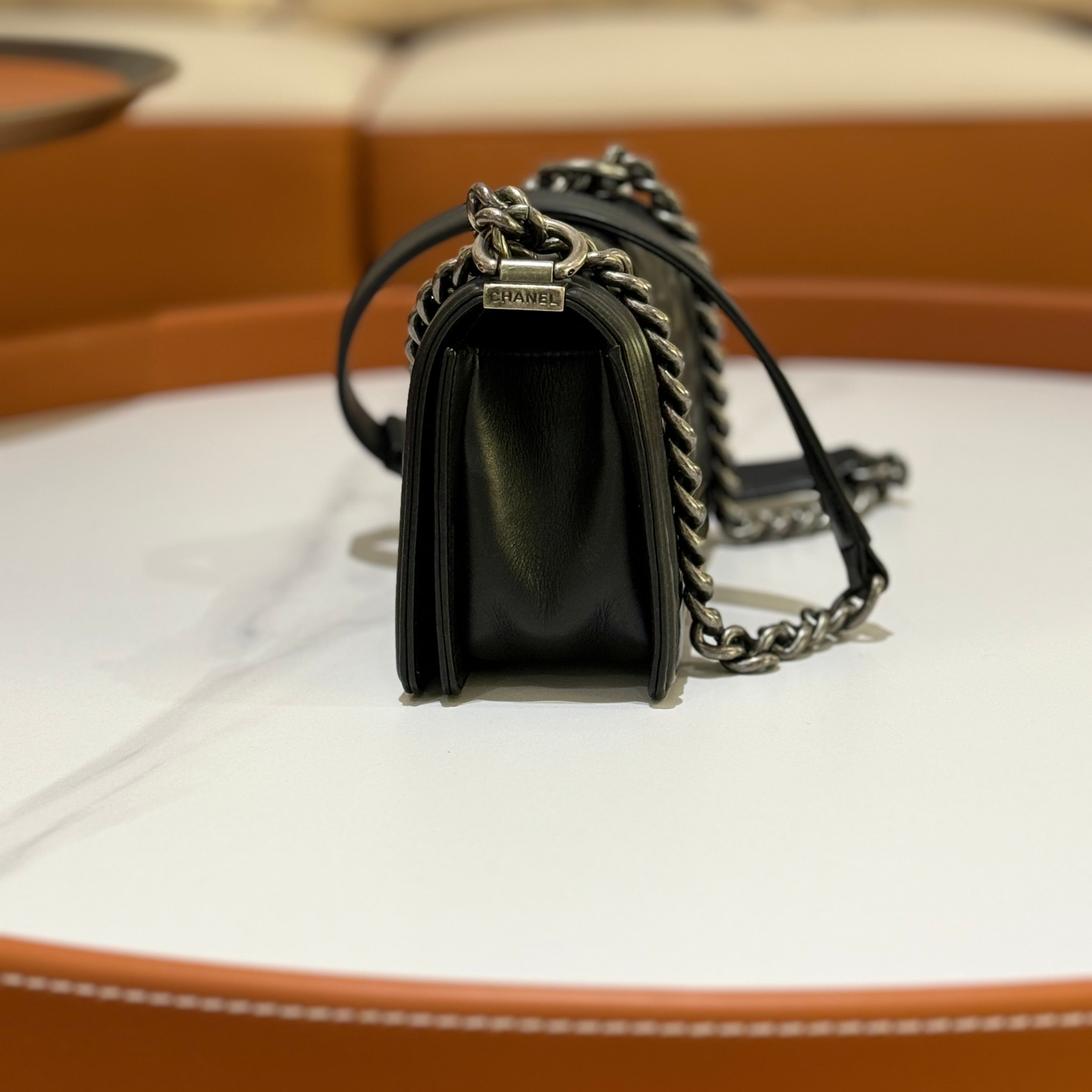 CHANEL LEBOY SMALL IN BLACK WITH SILVER CHAIN