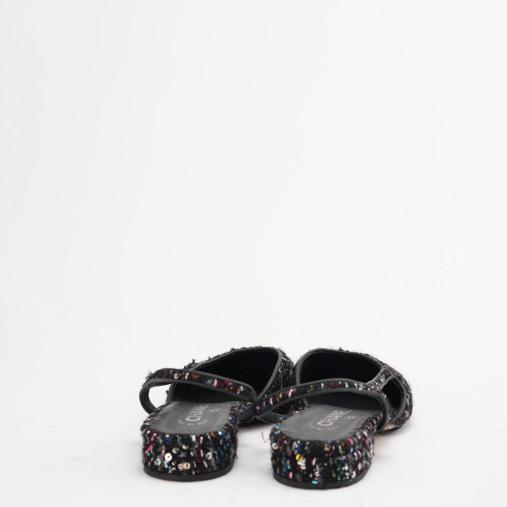 Chanel Black Sequin Slingback Cap Toe CC Glittered Tweed 38