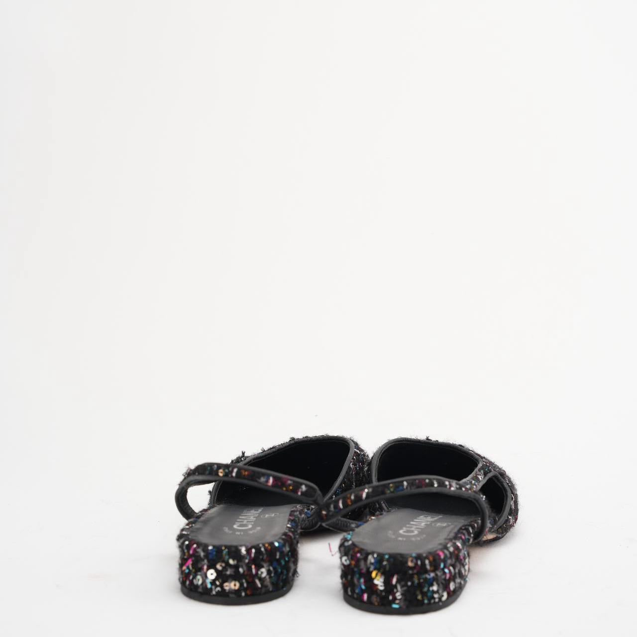 Chanel Black Sequin Slingback Cap Toe CC Glittered Tweed 38