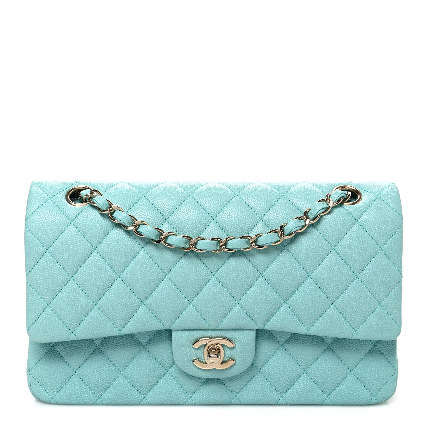 Caviar Quilted Medium Double Flap Light Blue