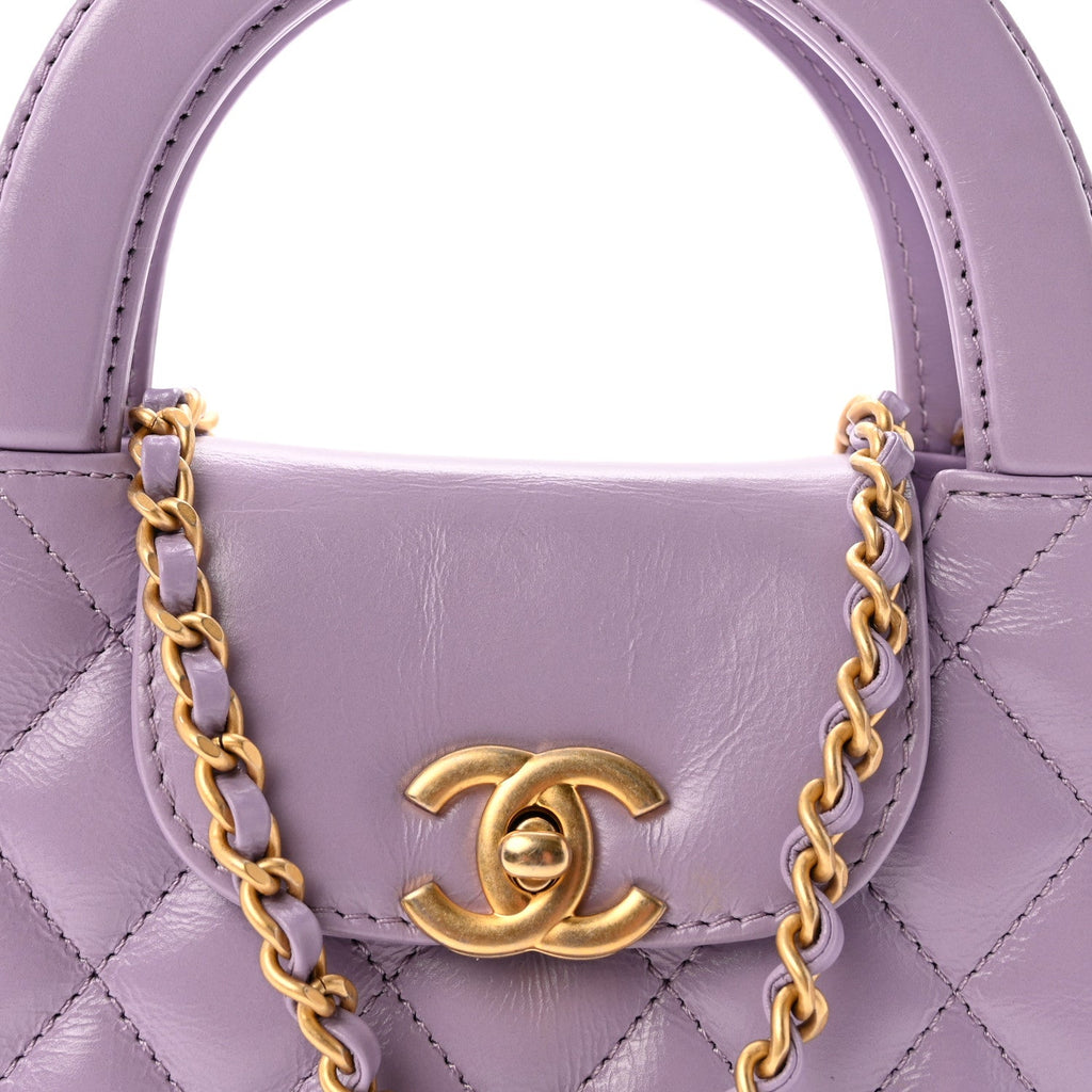 Shiny Aged Calfskin Quilted Nano Kelly Shopper Lilac