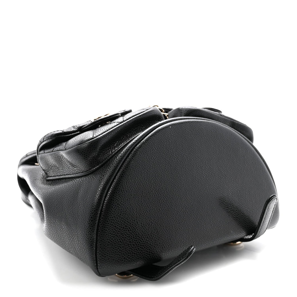 Shiny Caviar Quilted Medium Duma Pockets Drawstring Backpack Black