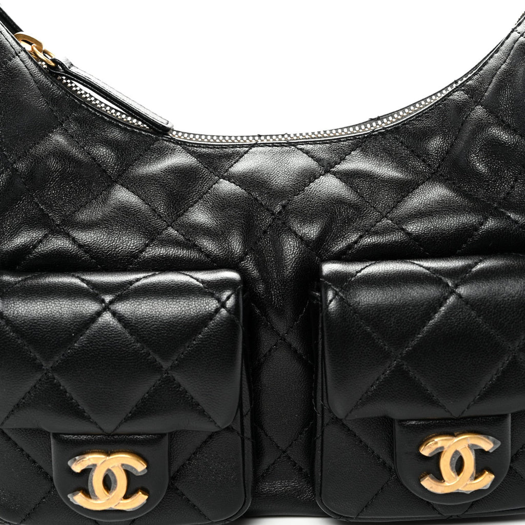 Shiny Lambskin Quilted Trendy Pockets Hobo Black