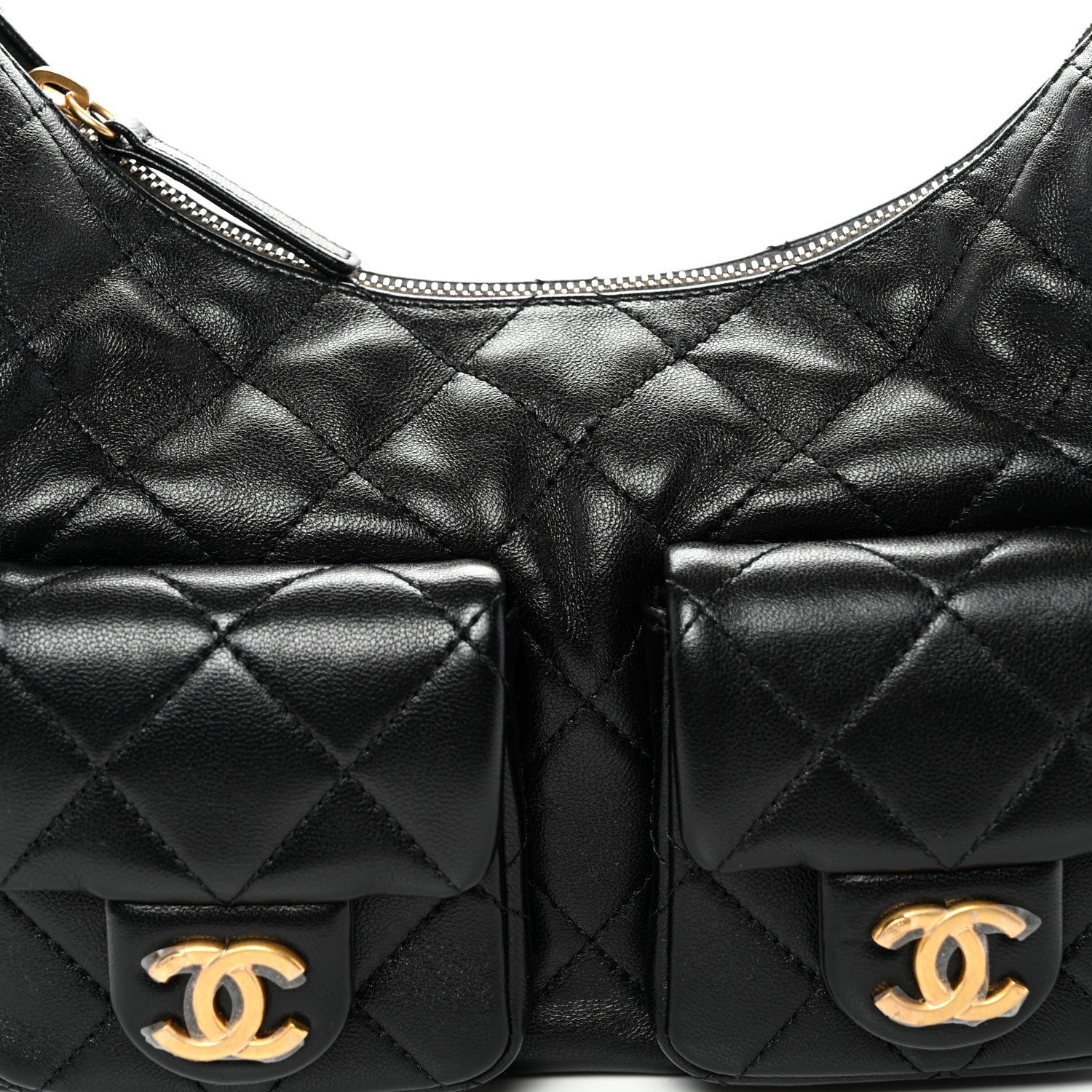 Shiny Lambskin Quilted Trendy Pockets Hobo Black